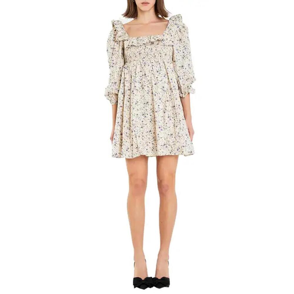 NWT! English Factory Square Neck Ruffle Minidress in Cream/Purple Size Small